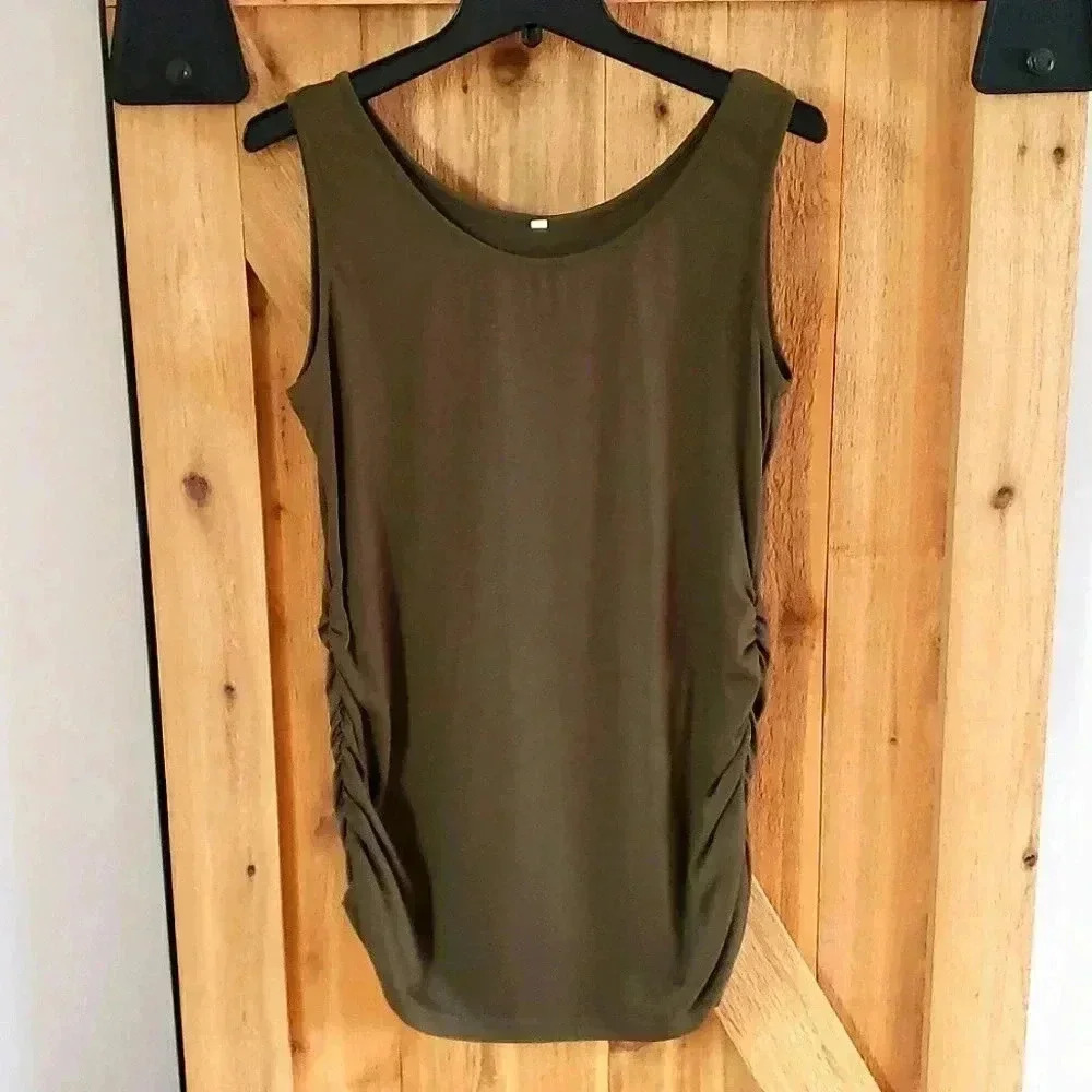 Ruched Sleeveless Dress Olive Green Beach Coverup Womens Size L Large